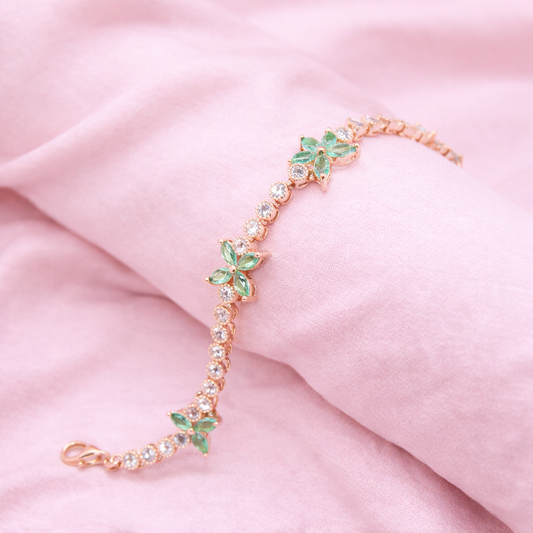 Elegant Mint Green Marquise Flower & Crystal Tennis Bracelet - Rose Gold