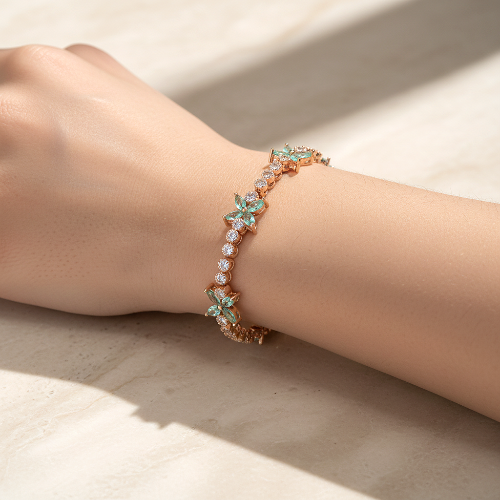 Sterling silver Mint Green Marquise Flower & Crystal Tennis bracelet rose gold finish