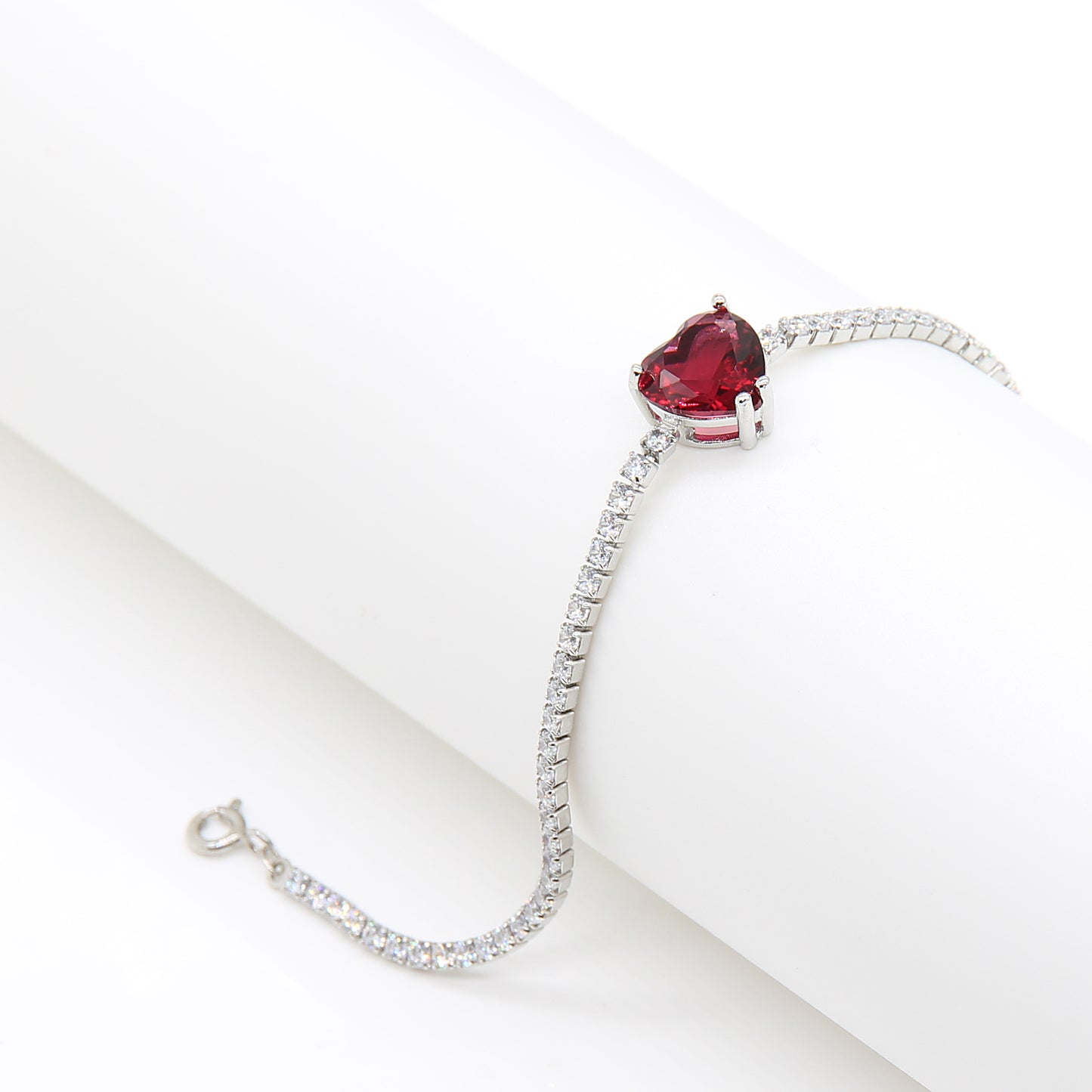 Sterling silver Heart-Shaped Maroon Red Crystal Tennis bracelet polished finish