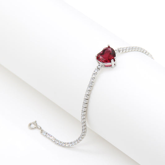 Romantic Heart-Shaped Maroon Red Crystal Tennis Bracelet - Silver