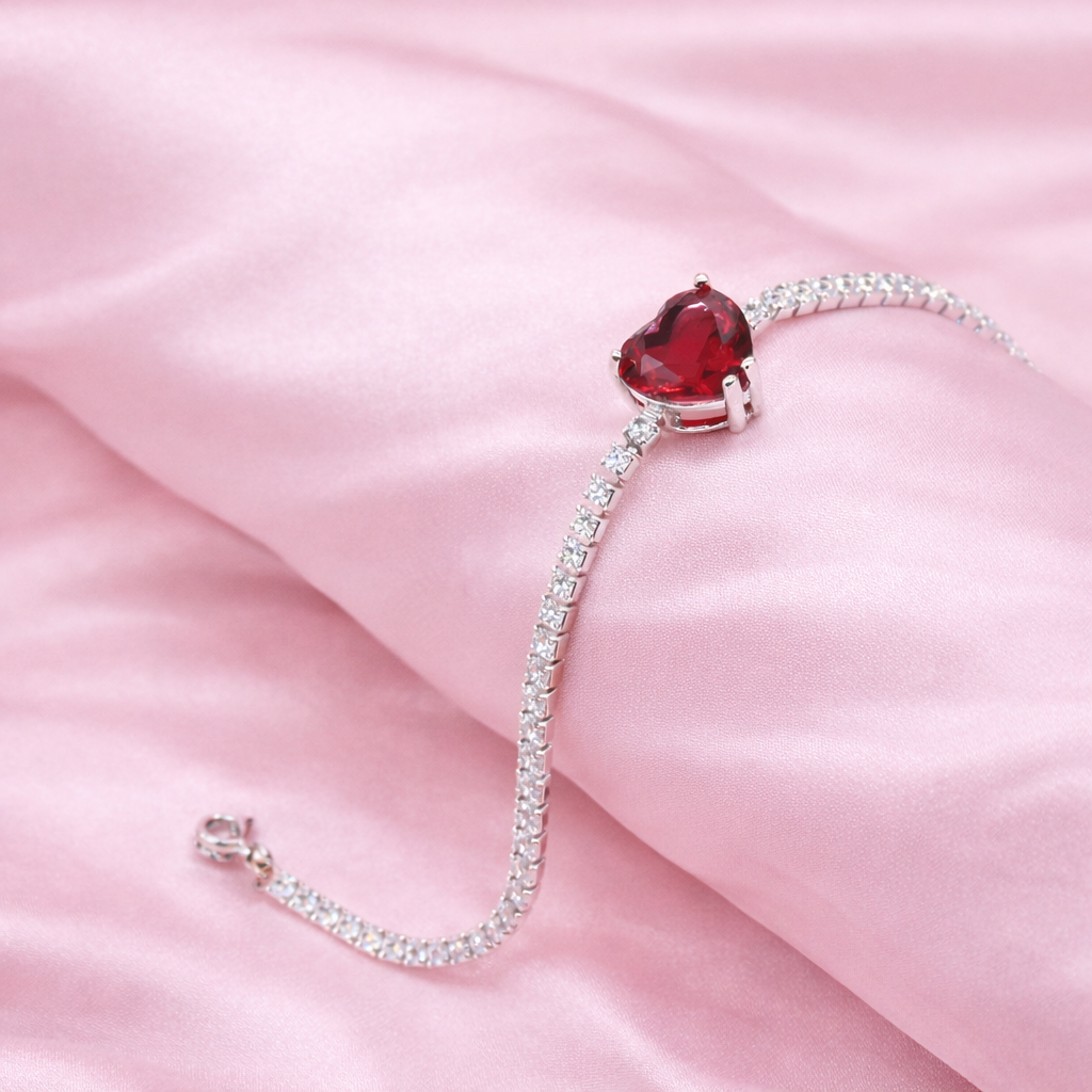 Sterling silver Heart-Shaped Maroon Red Crystal Tennis bracelet polished finish