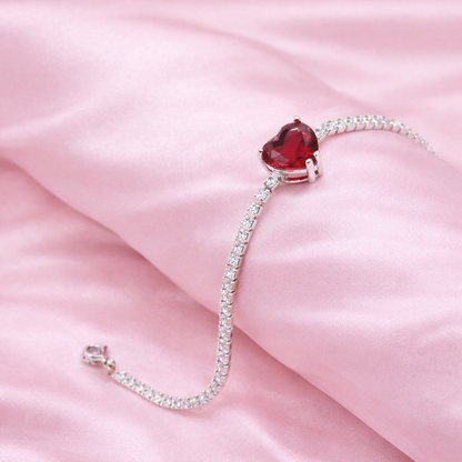 Sterling silver Heart-Shaped Maroon Red Crystal Tennis bracelet polished finish