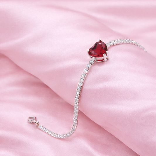 Romantic Heart-Shaped Maroon Red Crystal Tennis Bracelet - Silver