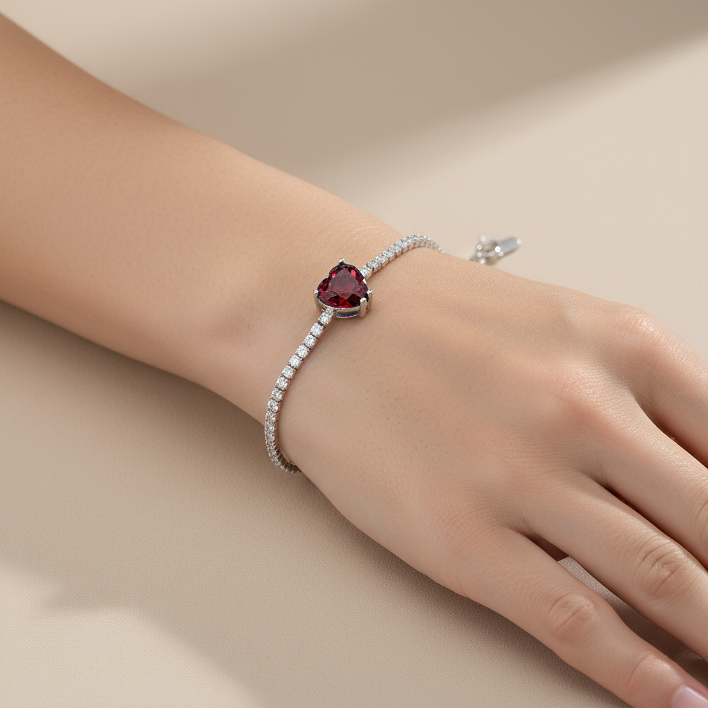 Sterling silver Heart-Shaped Maroon Red Crystal Tennis bracelet polished finish
