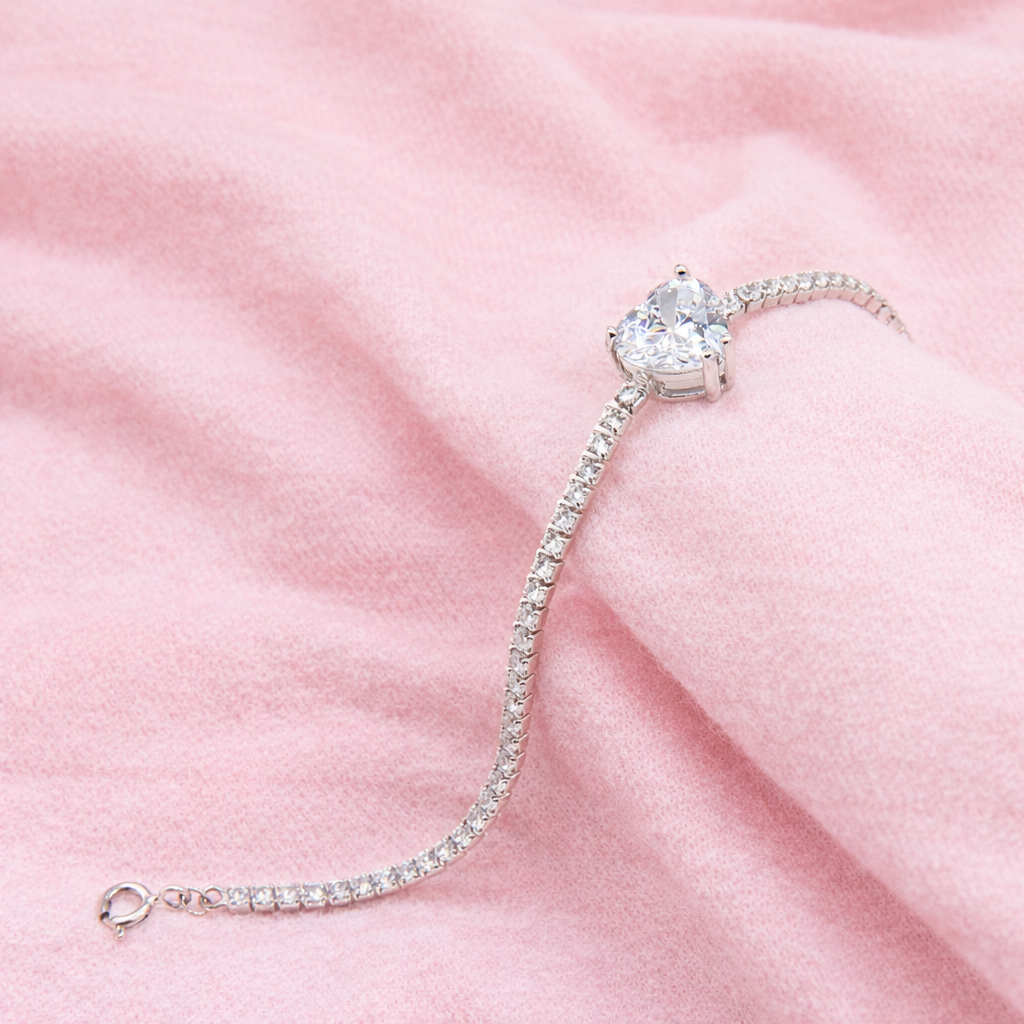 Sterling silver Heart-Shaped Clear Crystal Tennis bracelet polished finish
