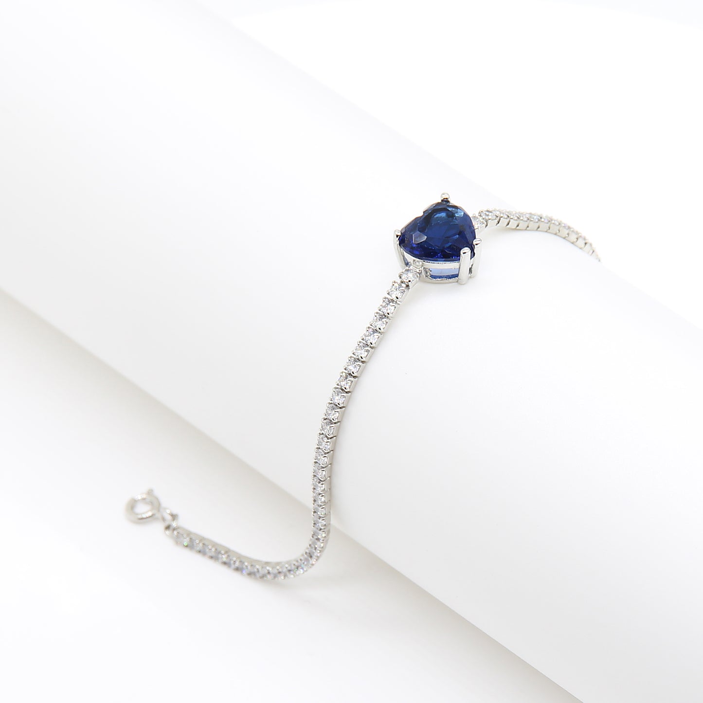 Sterling silver Heart-Shaped Sapphire Blue Crystal Tennis bracelet polished finish