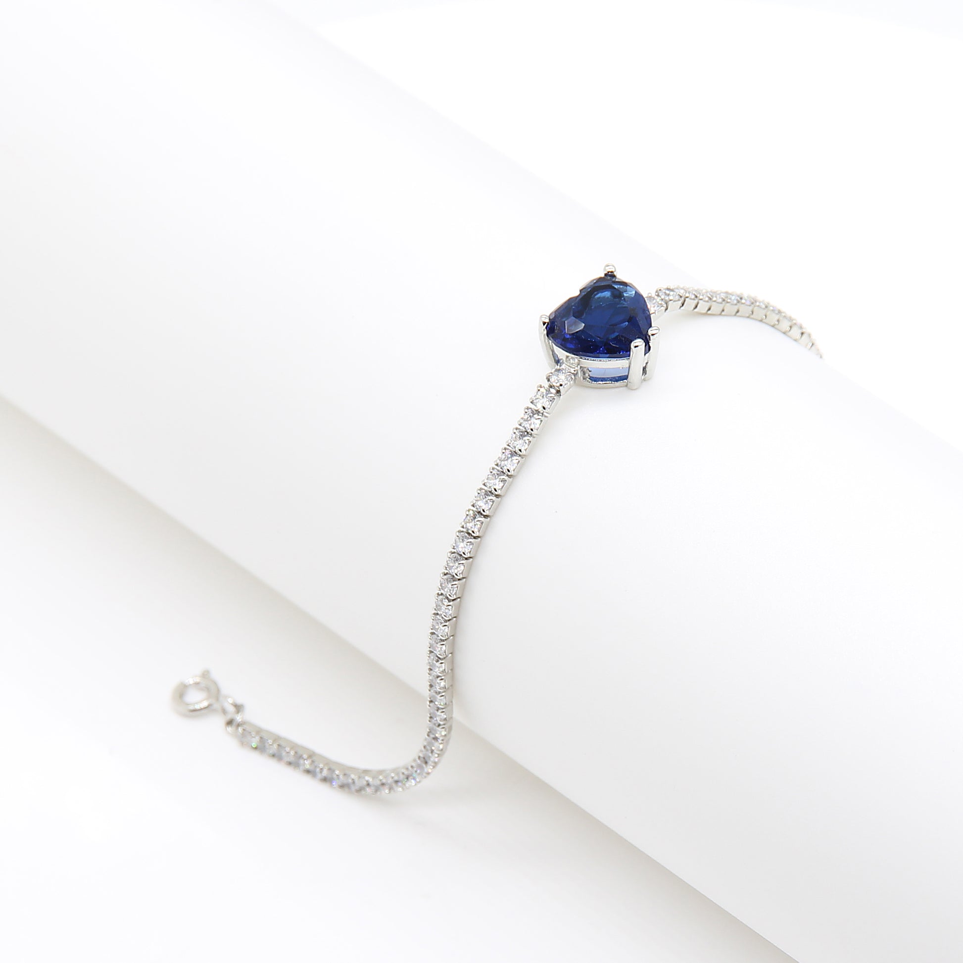 Sterling silver Heart-Shaped Sapphire Blue Crystal Tennis bracelet polished finish