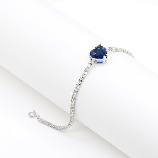 Romantic Heart-Shaped Sapphire Blue Crystal Tennis Bracelet - Silver