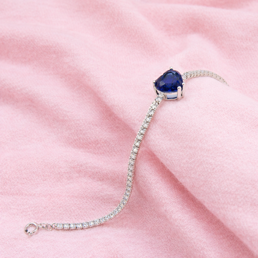 Romantic Heart-Shaped Sapphire Blue Crystal Tennis Bracelet - Silver