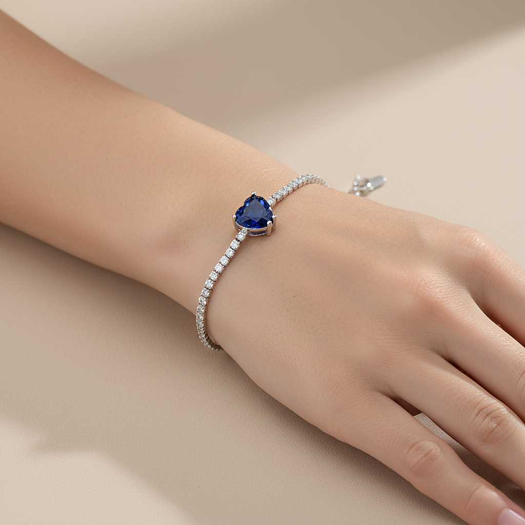 Sterling silver Heart-Shaped Sapphire Blue Crystal Tennis bracelet polished finish