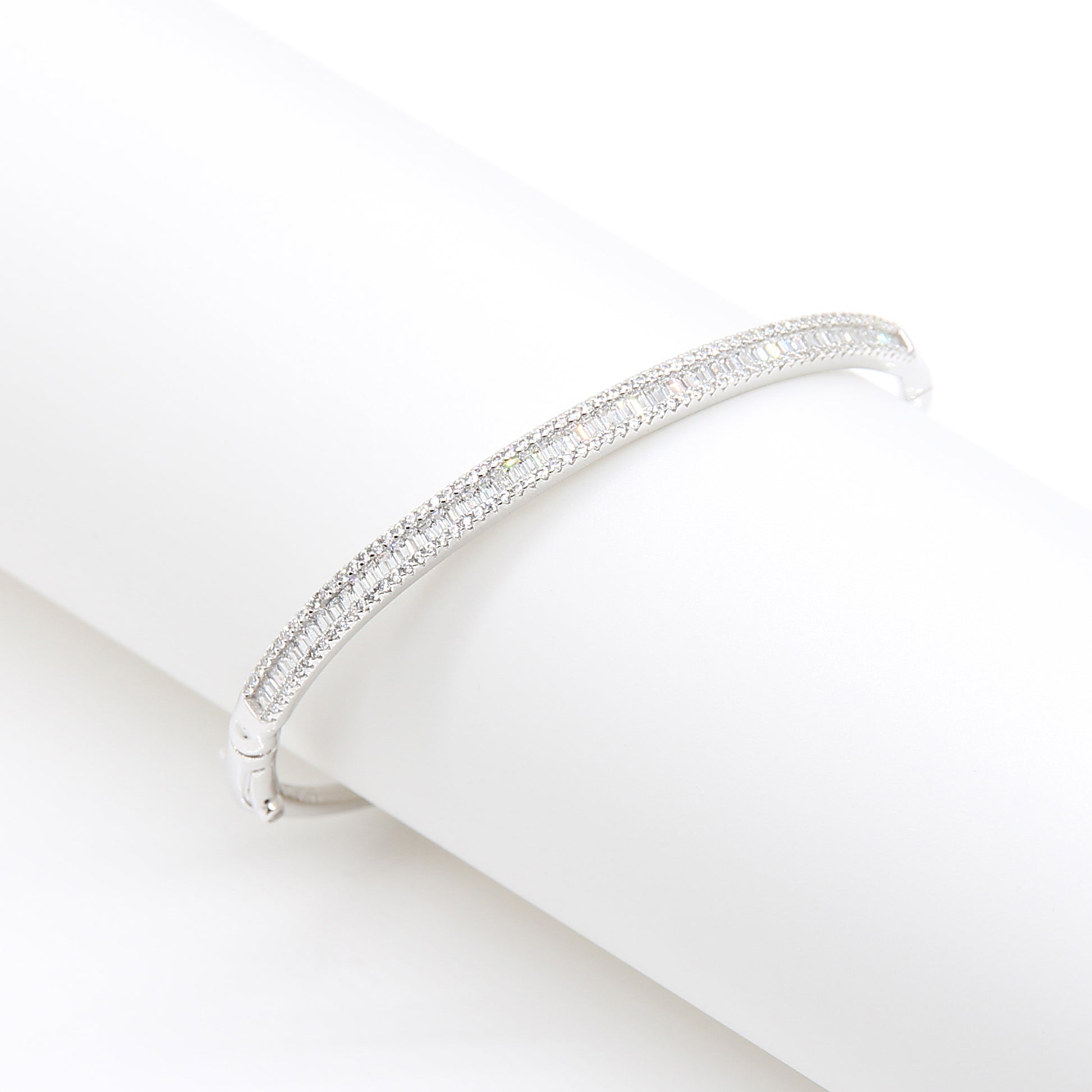 Sterling silver Double-Row Baguette Crystal Bangle bracelet polished finish