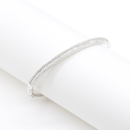 Elegant Double-Row Baguette Crystal Bangle Bracelet - Silver