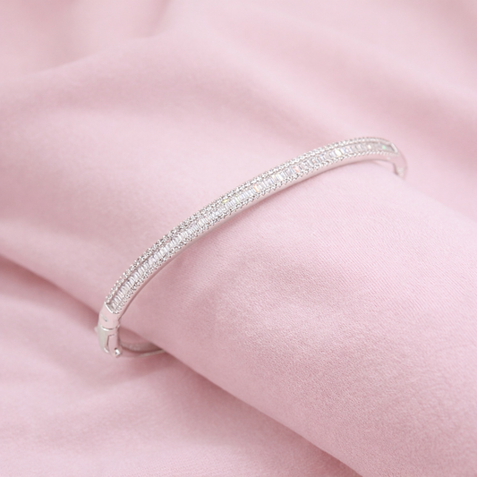 Elegant Double-Row Baguette Crystal Bangle Bracelet - Silver