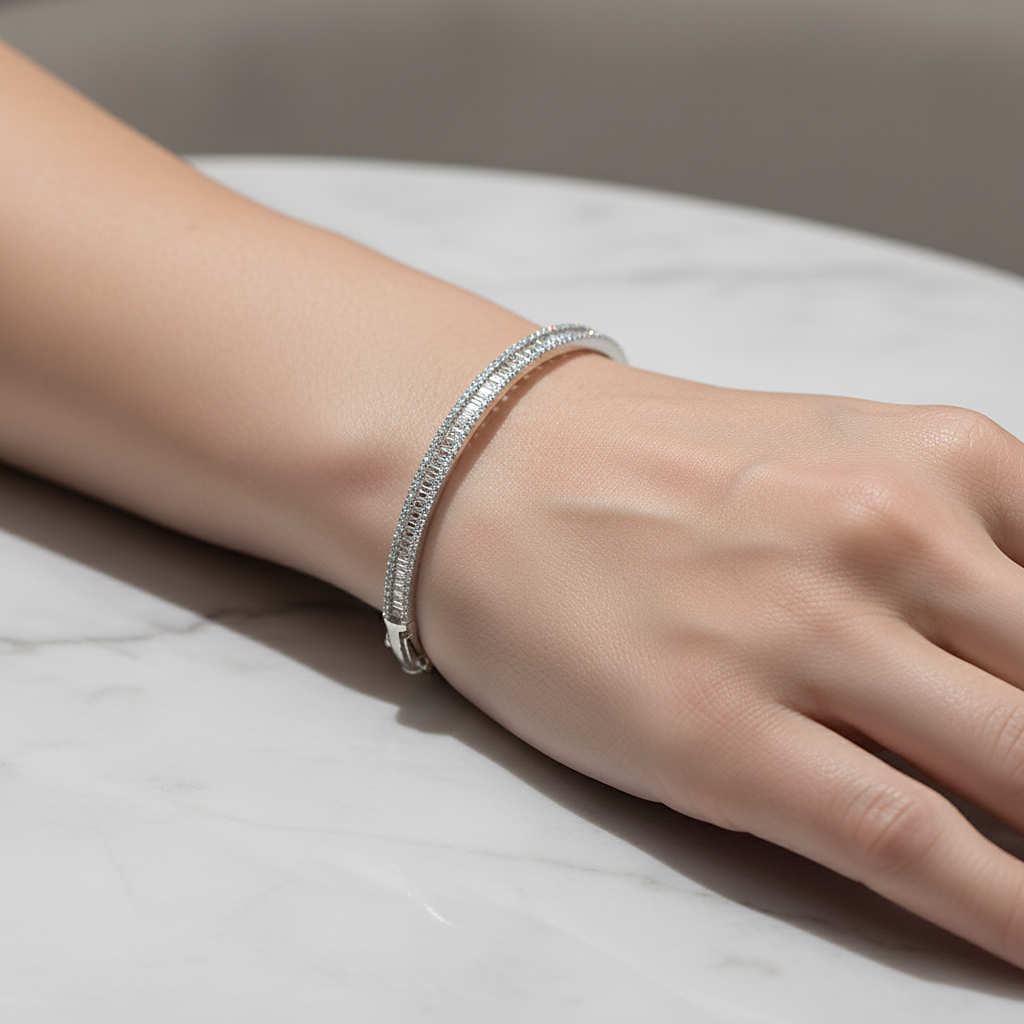 Sterling silver Double-Row Baguette Crystal Bangle bracelet polished finish