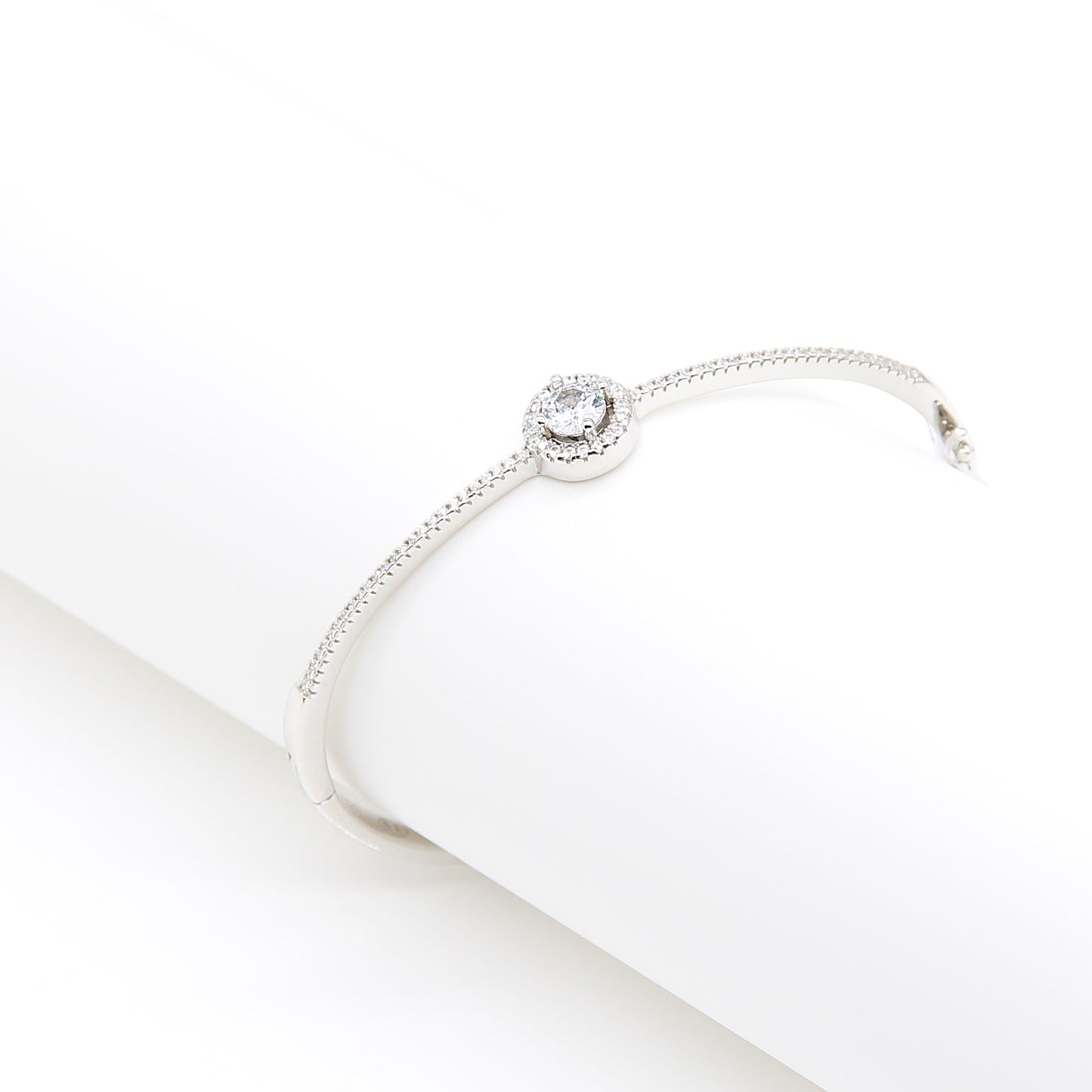 Sterling silver Crystal Halo Solitaire Bangle bracelet polished finish