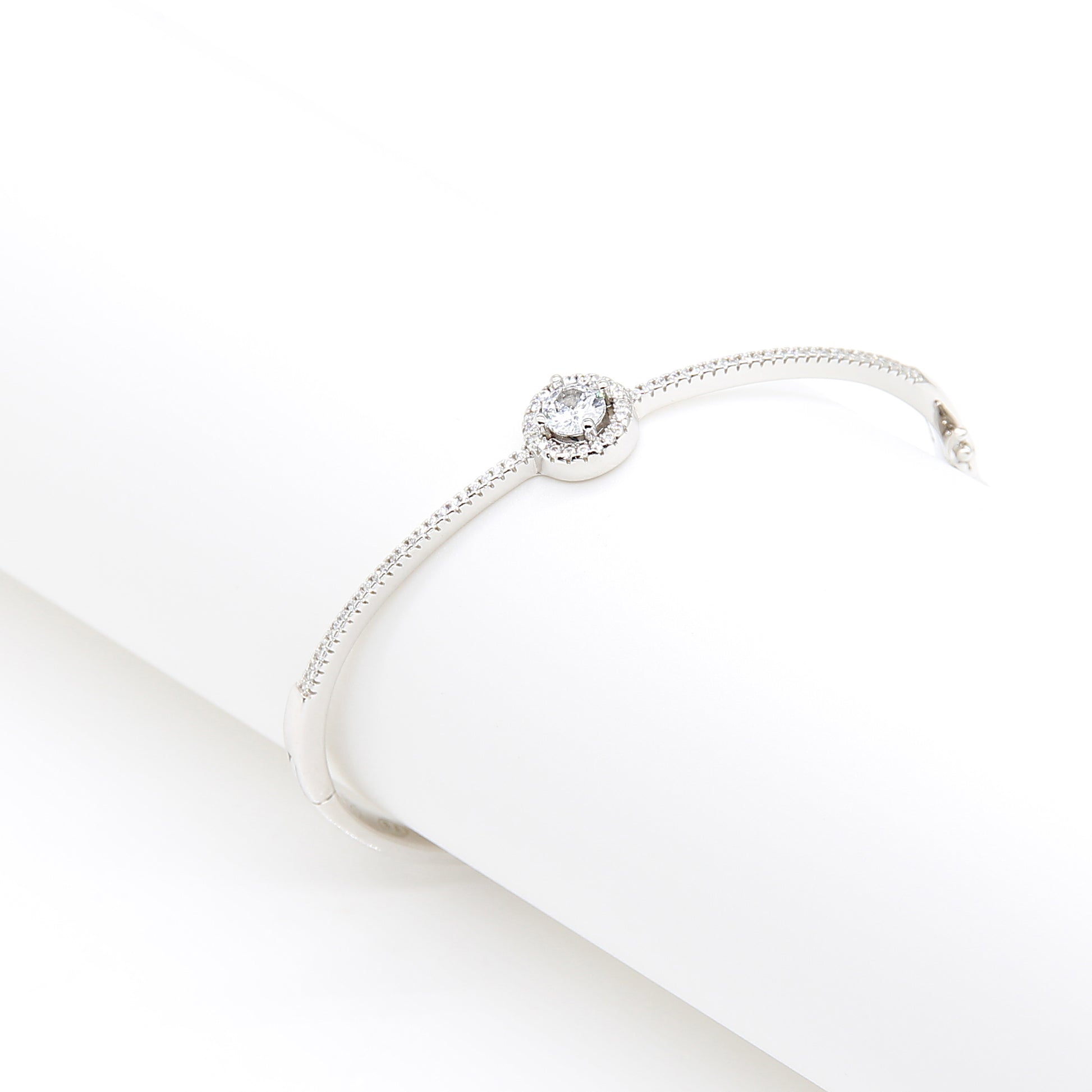 Sterling silver Crystal Halo Solitaire Bangle bracelet polished finish