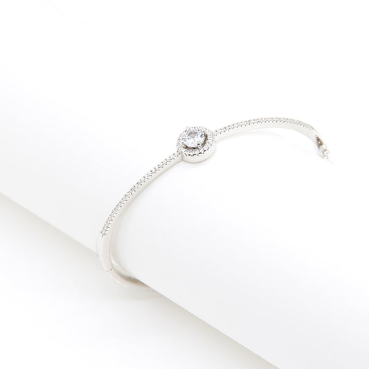 Elegant Crystal Halo Solitaire Bangle Bracelet - Silver
