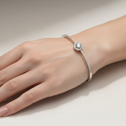 Sterling silver Crystal Halo Solitaire Bangle bracelet polished finish