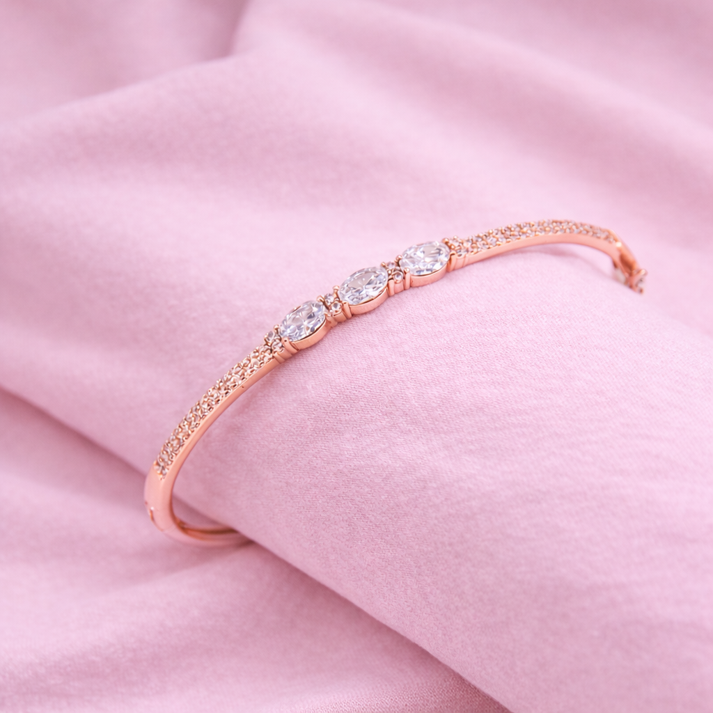 Sterling silver Oval Crystal Station Bangle bracelet rose gold finish
