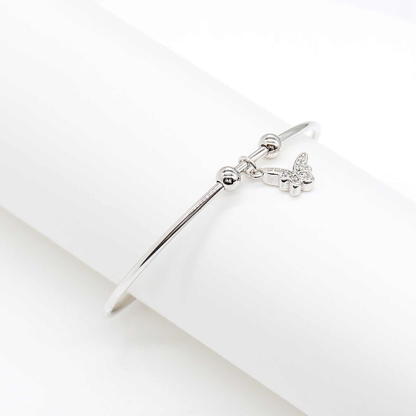 Delicate Crystal Butterfly Charm Bangle Bracelet - Silver