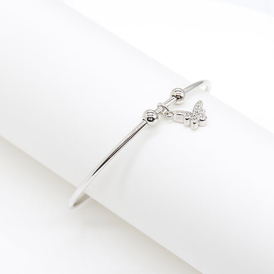 Delicate Crystal Butterfly Charm Bangle Bracelet - Silver