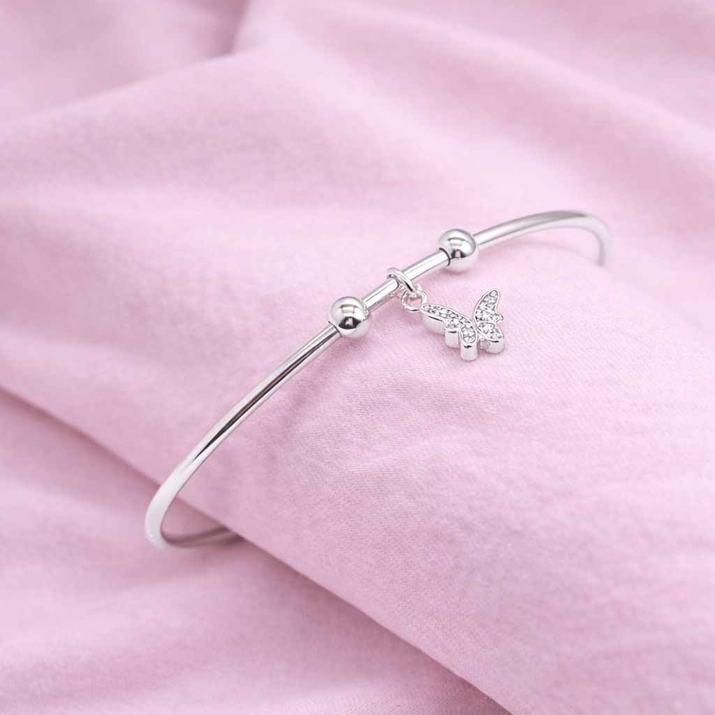 Delicate Crystal Butterfly Charm Bangle Bracelet - Silver