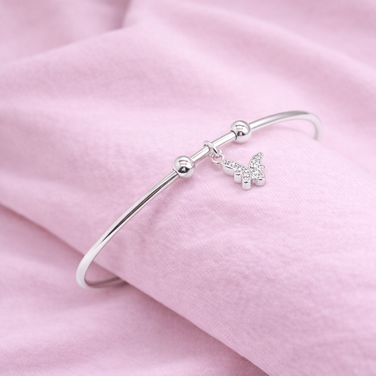 Delicate Crystal Butterfly Charm Bangle Bracelet - Silver