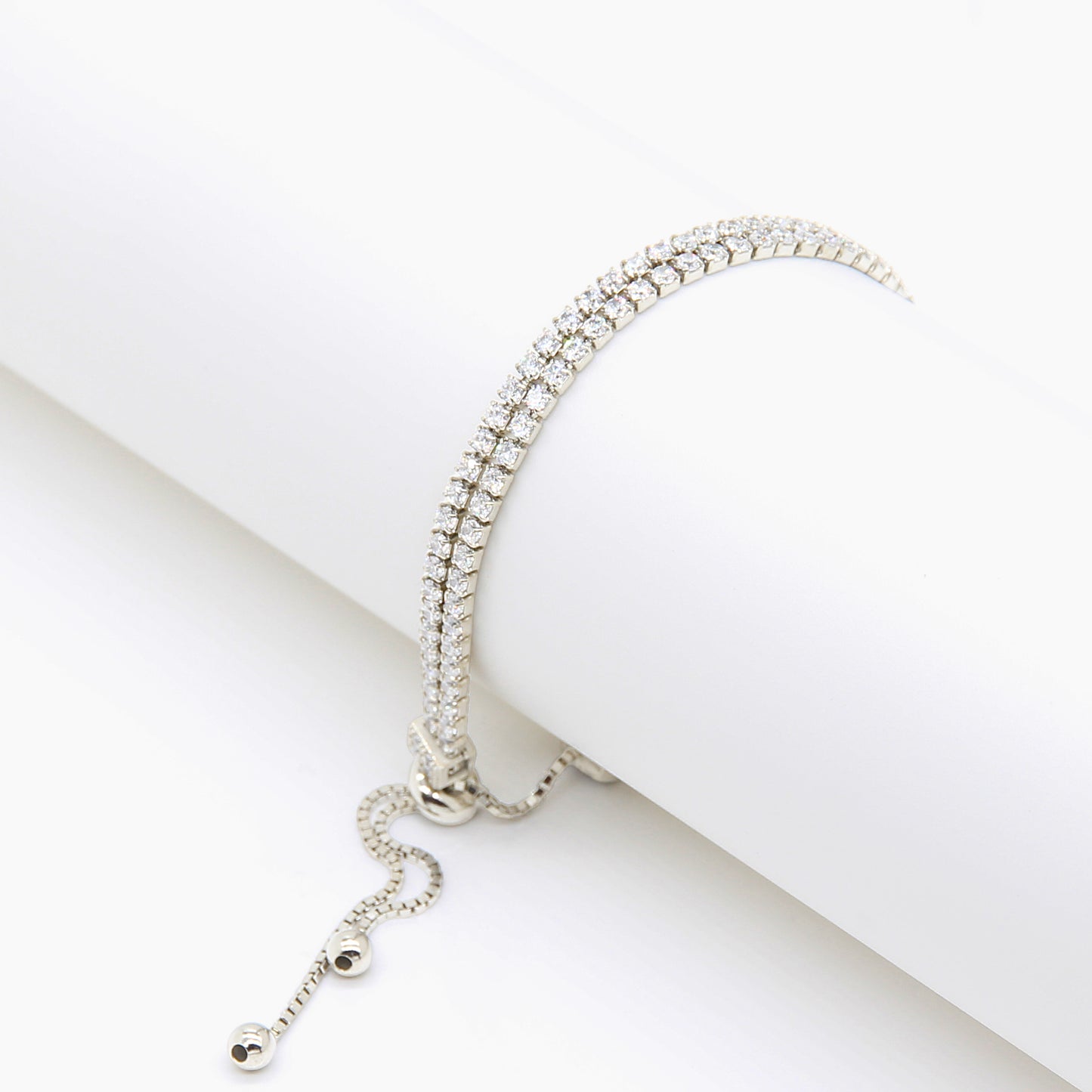 Sterling silver Double-Row Crystal Adjustable Slider bracelet polished finish