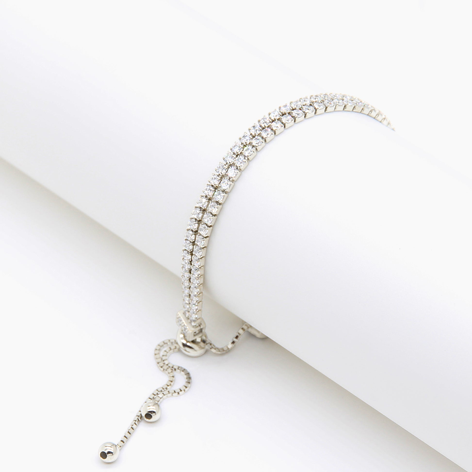 Sterling silver Double-Row Crystal Adjustable Slider bracelet polished finish