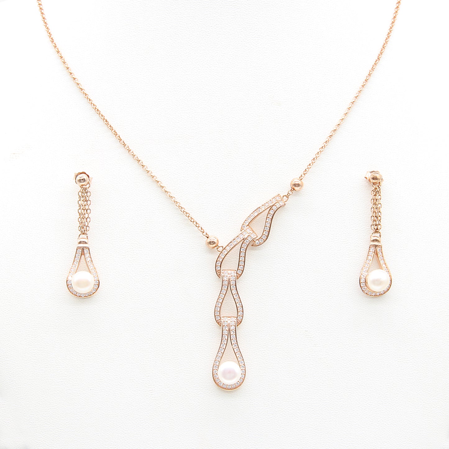 Sterling silver Pearl & Crystal Infinity Knot Necklace & Earrings Set necklace and earring set rose gold finish