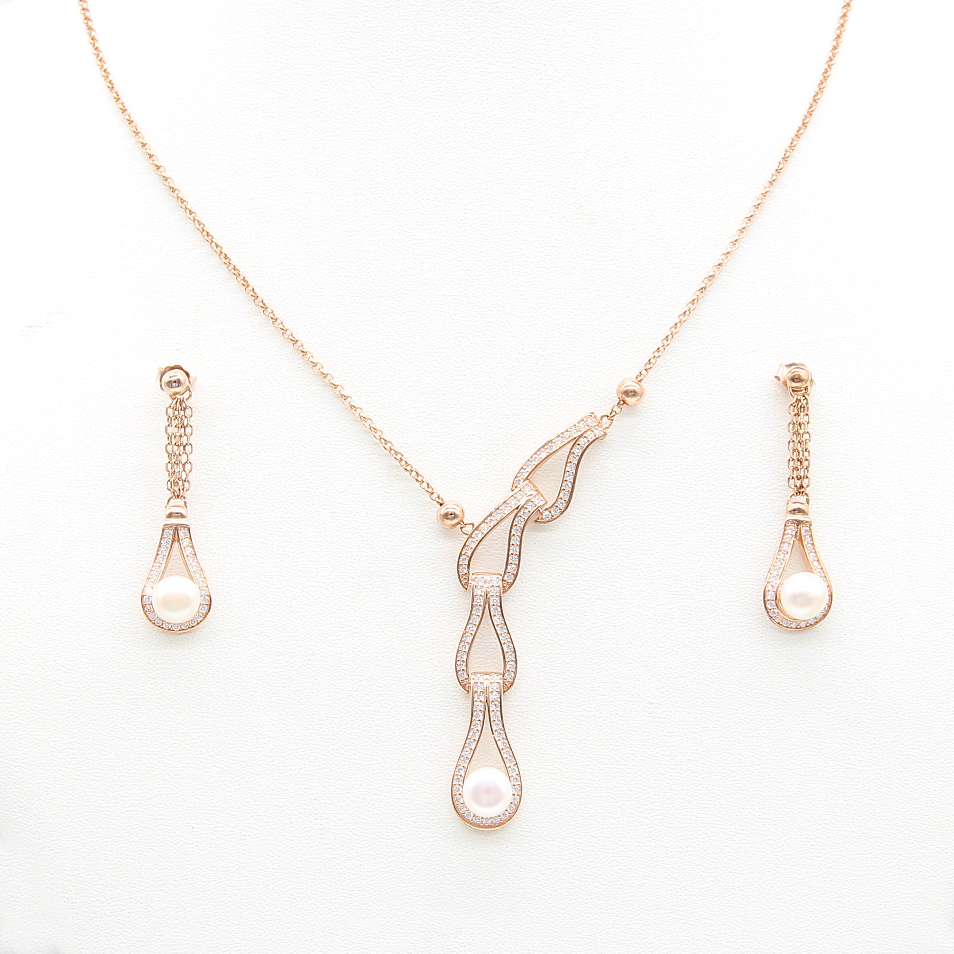 Sterling silver Pearl & Crystal Infinity Knot Necklace & Earrings Set necklace and earring set rose gold finish