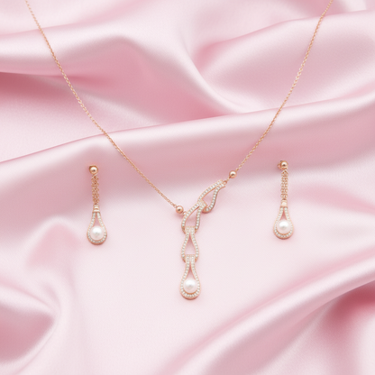 Sterling silver Pearl & Crystal Infinity Knot Necklace & Earrings Set necklace and earring set rose gold finish
