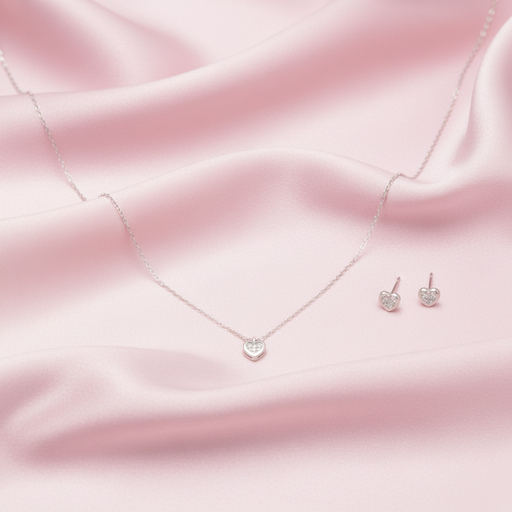 Sterling silver PavÃ© Crystal Heart Necklace & Earrings Set necklace and earring set polished finish
