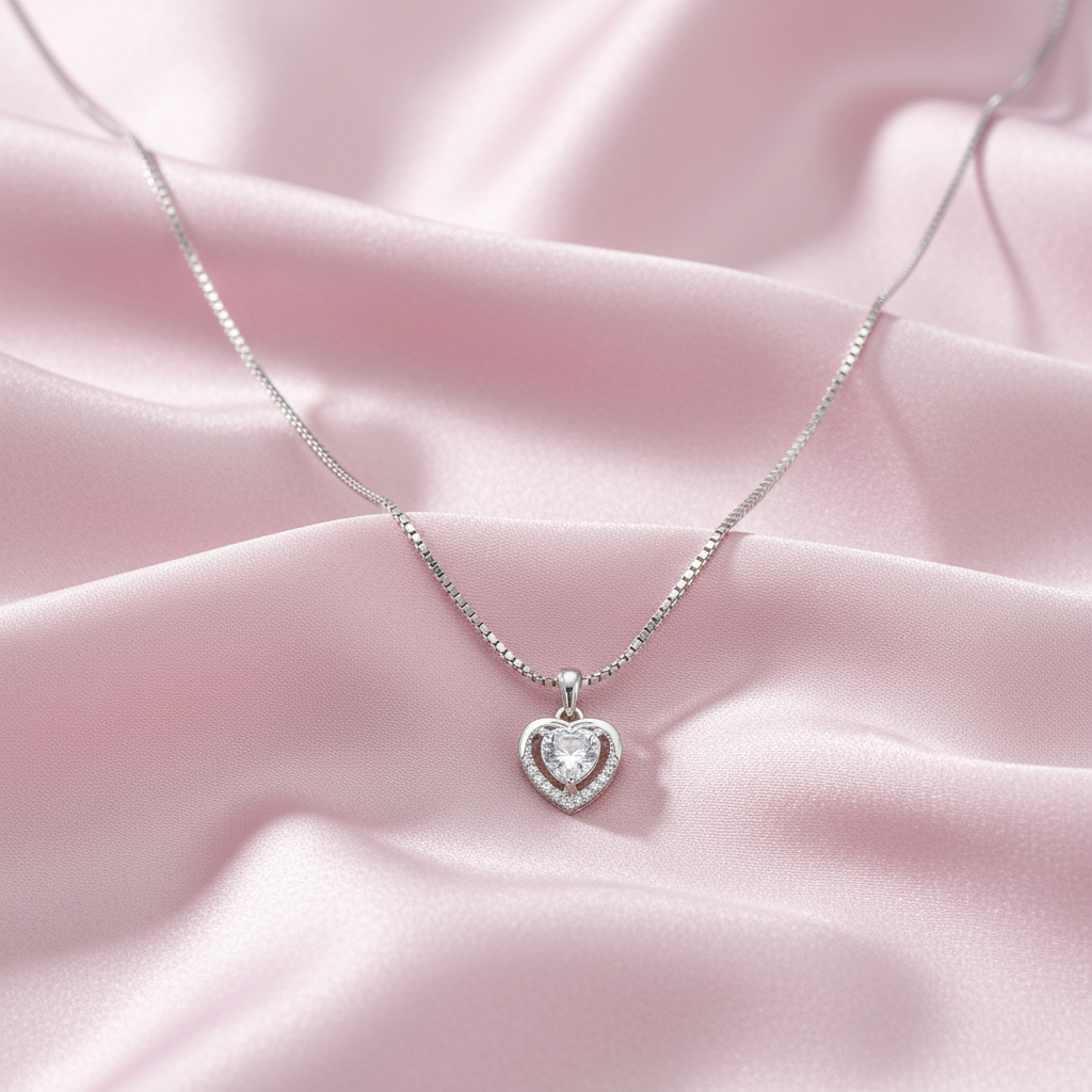Sterling silver Crystal Heart Halo Pendant necklace polished finish