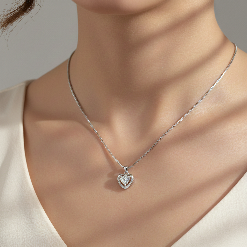 Sterling silver Crystal Heart Halo Pendant necklace polished finish