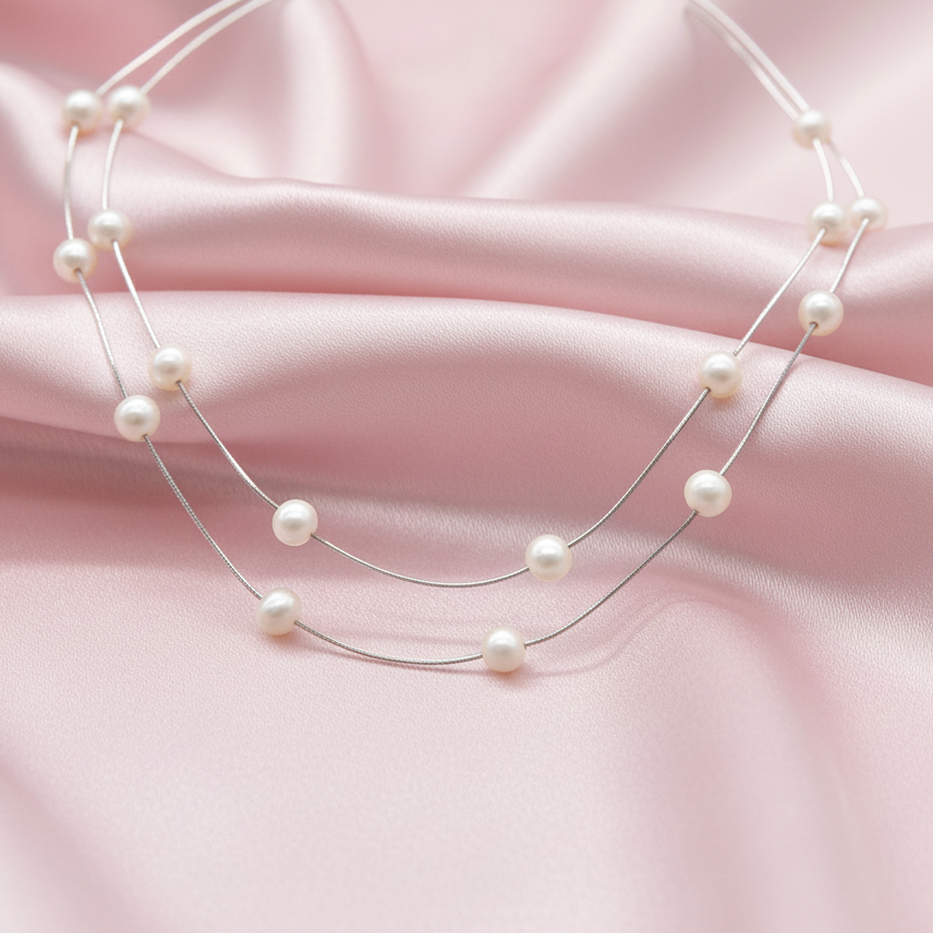 Sterling silver Double-Strand Floating Pearl Station necklace polished finish