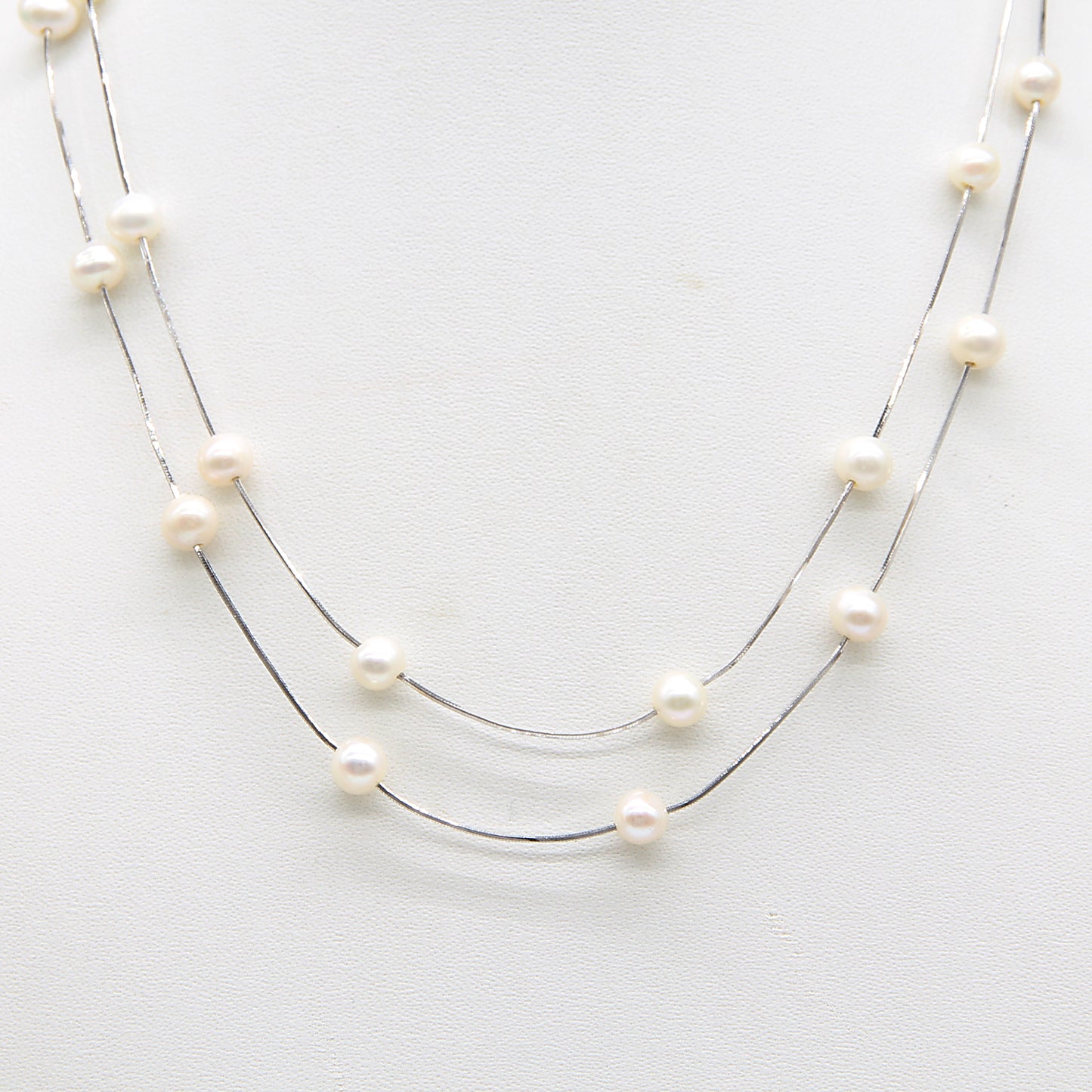 Sterling silver Double-Strand Floating Pearl Station necklace polished finish