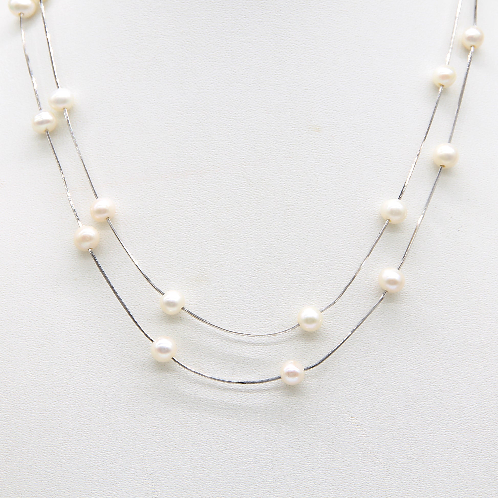Sterling silver Double-Strand Floating Pearl Station necklace polished finish