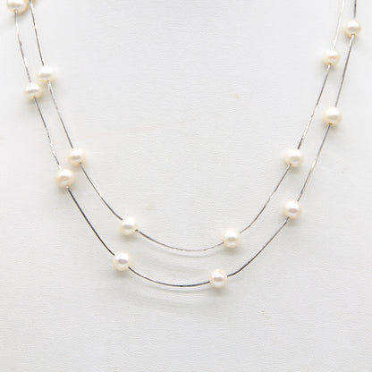 Sterling silver Double-Strand Floating Pearl Station necklace polished finish