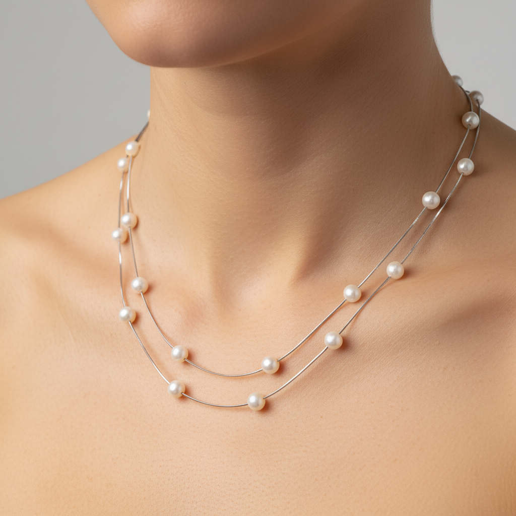Sterling silver Double-Strand Floating Pearl Station necklace polished finish