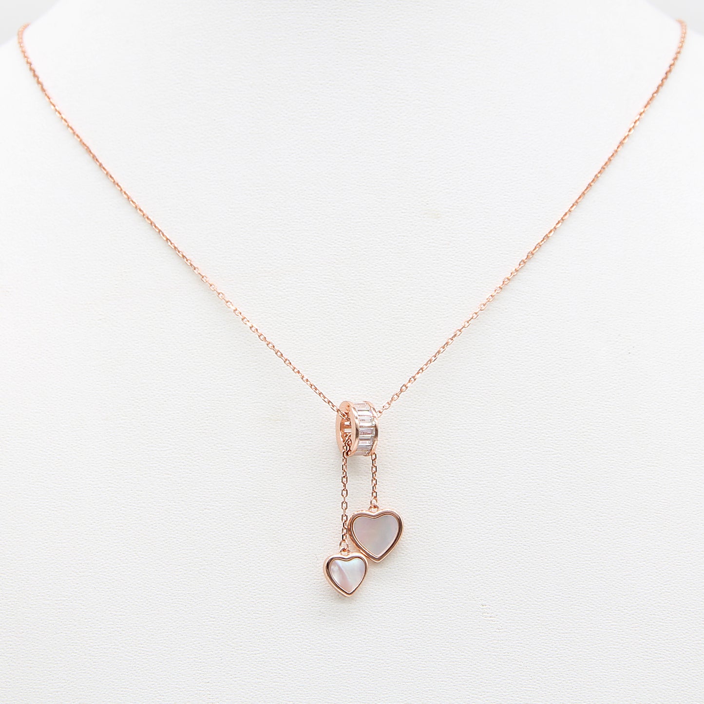 Sterling silver Double Heart Drop Pendant Necklace with Mother of Pearl necklace rose gold finish