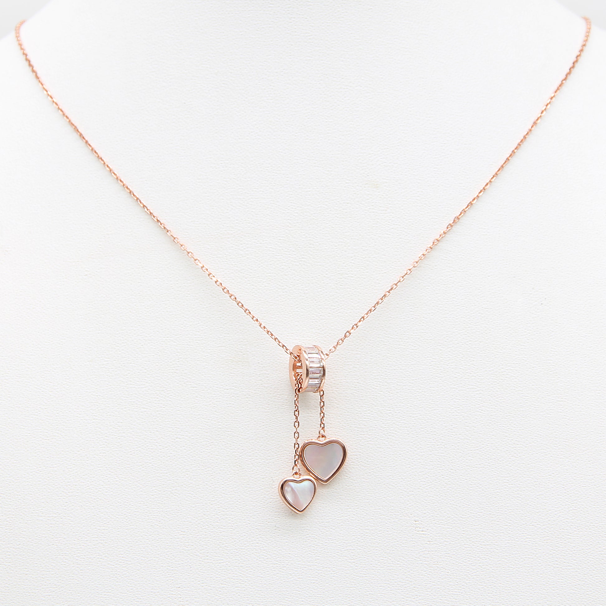 Sterling silver Double Heart Drop Pendant Necklace with Mother of Pearl necklace rose gold finish