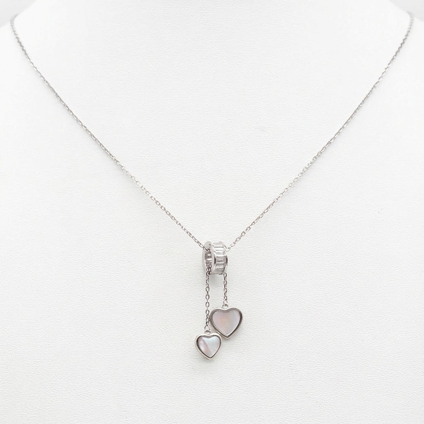 Sterling silver Double Heart Drop Pendant Necklace with Mother of Pearl necklace polished finish