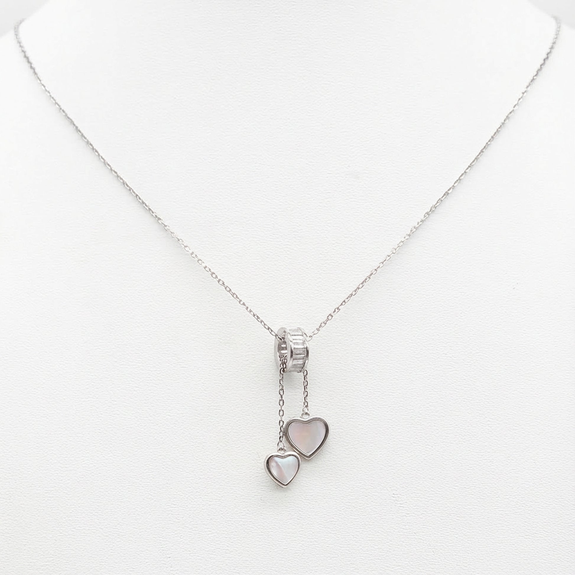 Sterling silver Double Heart Drop Pendant Necklace with Mother of Pearl necklace polished finish
