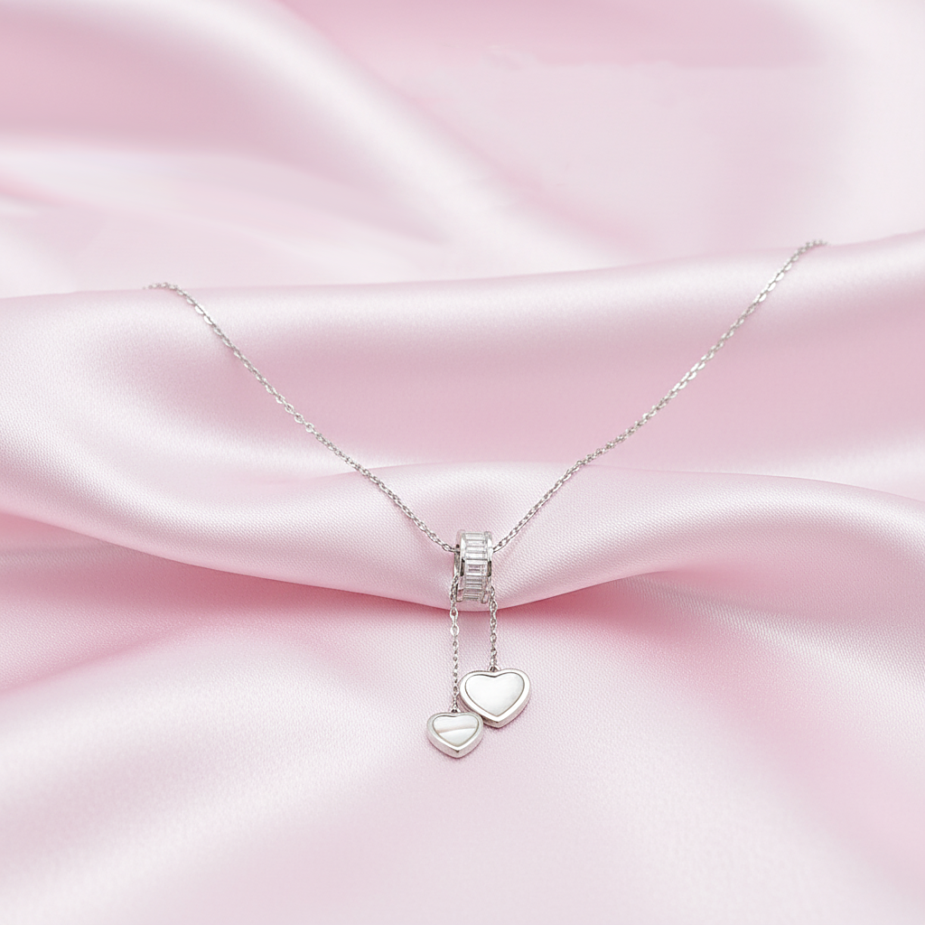 Sterling silver Double Heart Drop Pendant Necklace with Mother of Pearl necklace polished finish