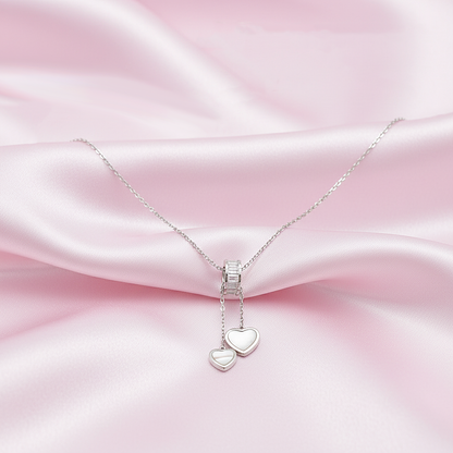 Sterling silver Double Heart Drop Pendant Necklace with Mother of Pearl necklace polished finish
