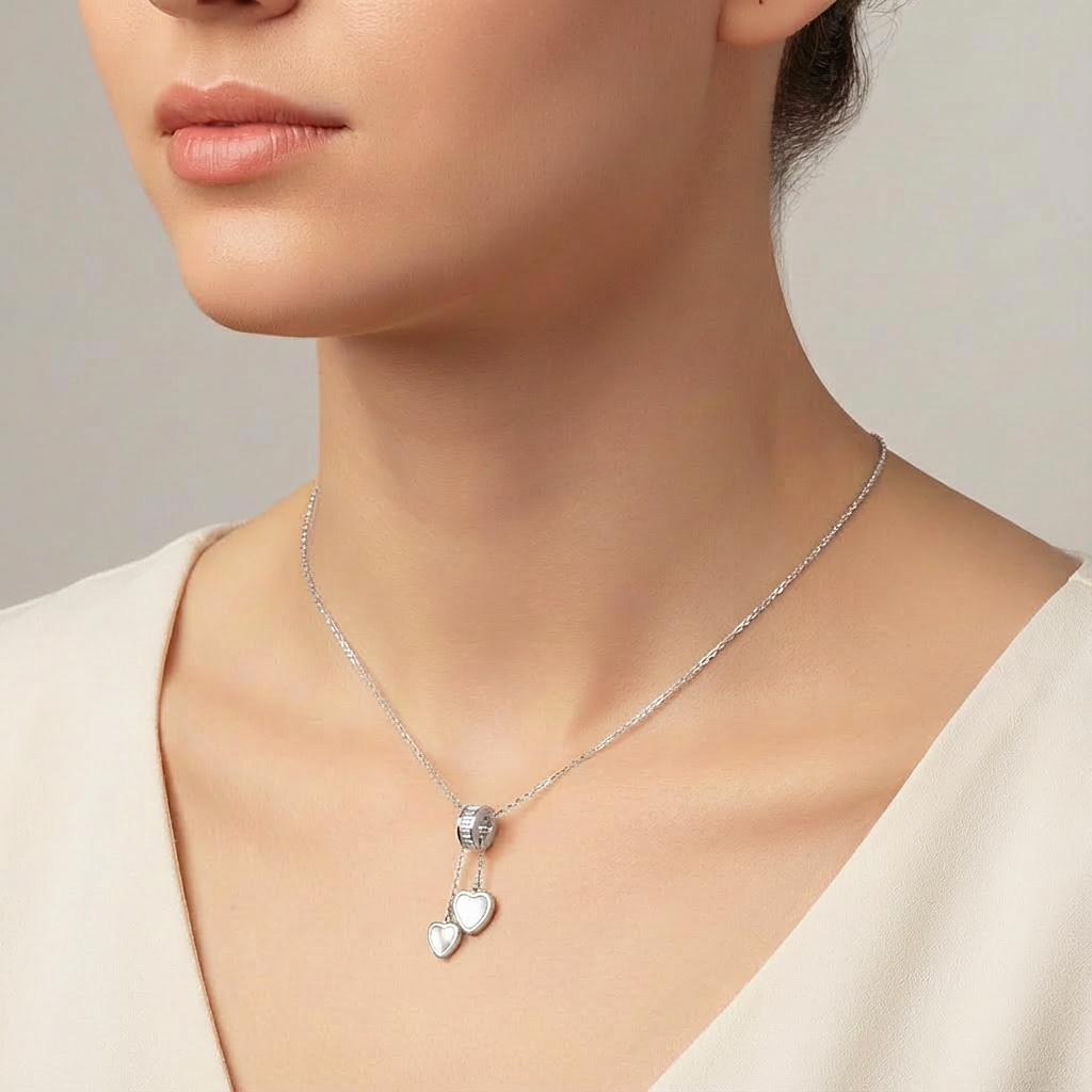 Sterling silver Double Heart Drop Pendant Necklace with Mother of Pearl necklace polished finish