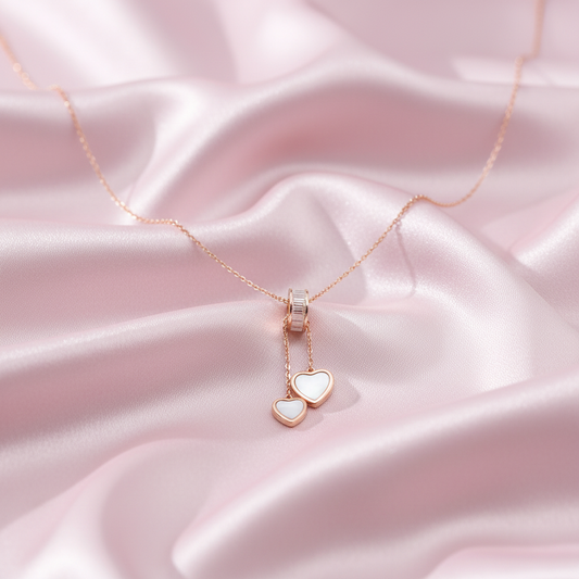 Sterling silver Double Heart Drop Pendant Necklace with Mother of Pearl necklace rose gold finish