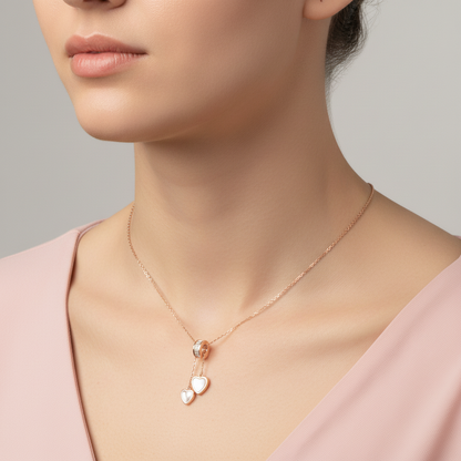 Sterling silver Double Heart Drop Pendant Necklace with Mother of Pearl necklace rose gold finish