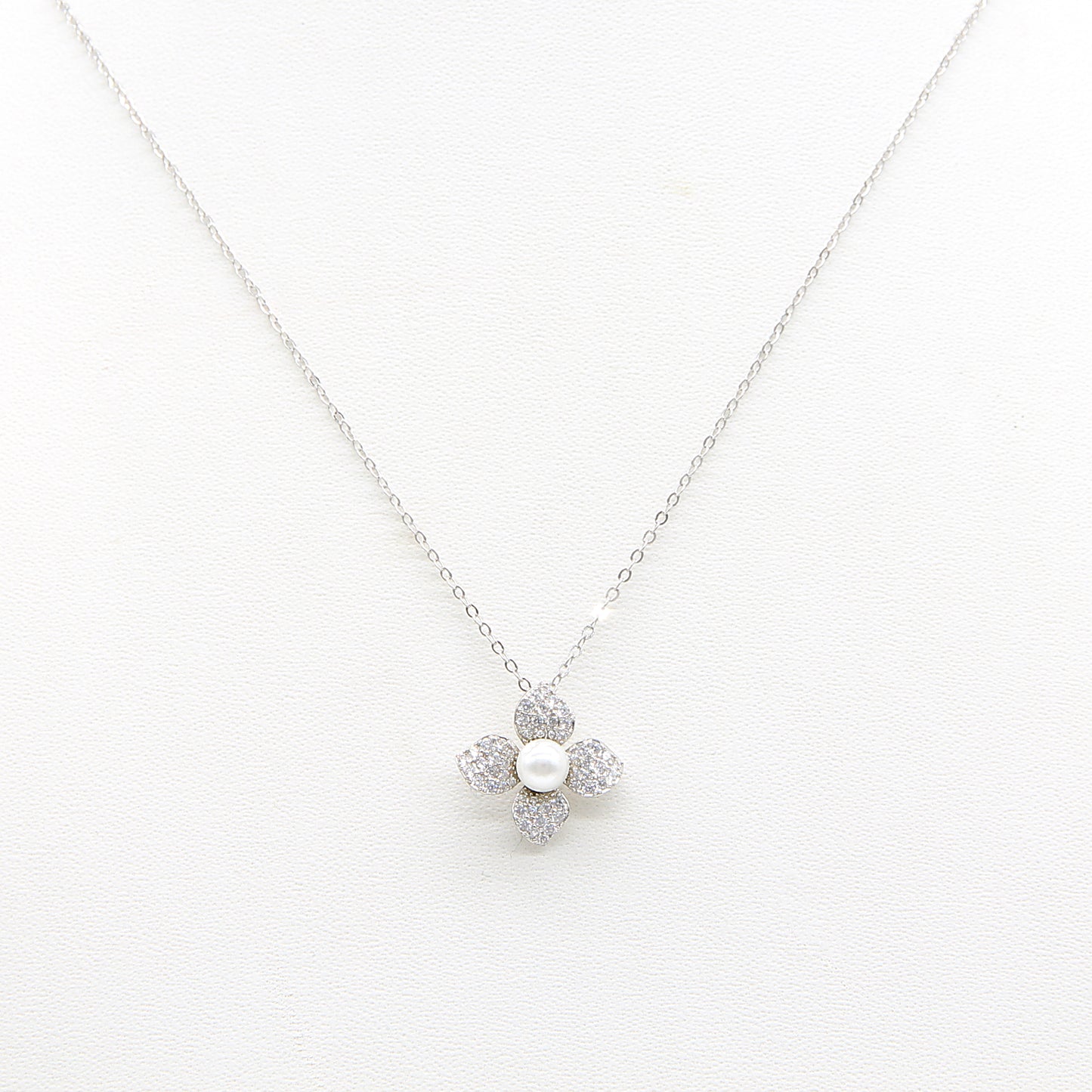 Sterling silver PavÃ© Crystal Flower Pendant Necklace with Pearl Center necklace polished finish